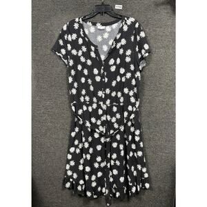 J Jill Ruffled Hem Daisy Print Black White Short Sleeve Dress Womens Size XL